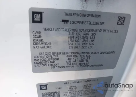 2020 Chevrolet Silverado 1500 2Wd Short Bed Custom z USA, uszkodzony, nr VIN 1GCPWBEF9LZ262105